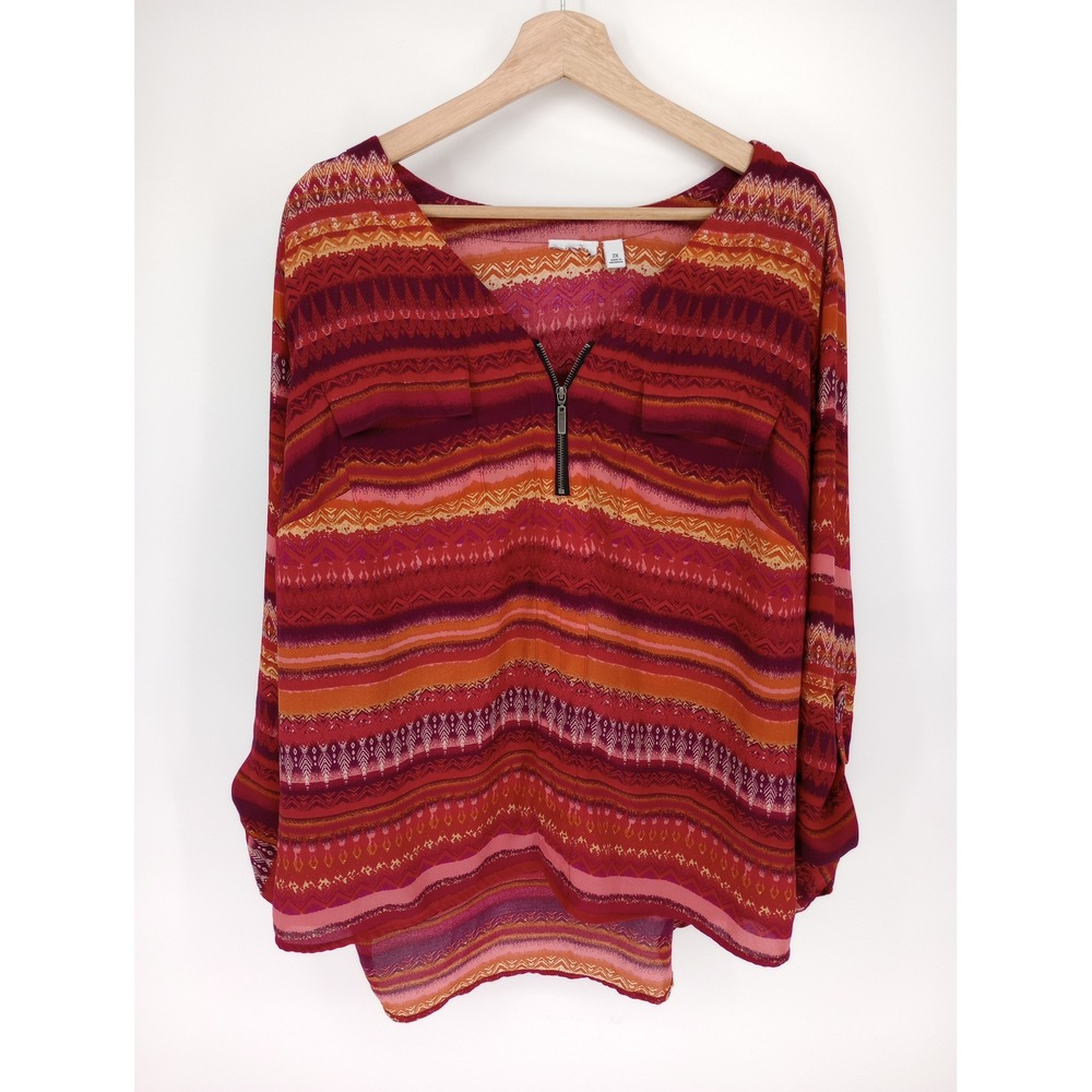 Belk Blouse Womens 2X Red Tribal Print Zip Neck Roll Tab Sleeve Unbranded